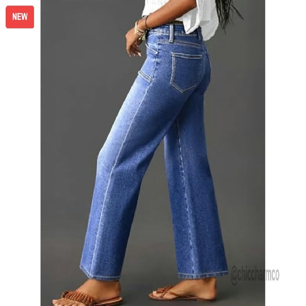 High Waisted Wide Leg Stretchy Denim Jeans Women's Buttoned Pants - Picture 4 of 8